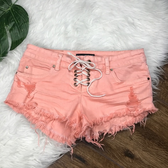 Billabong • Peach Lace Up Distressed Denim Shorts - Picture 3 of 8